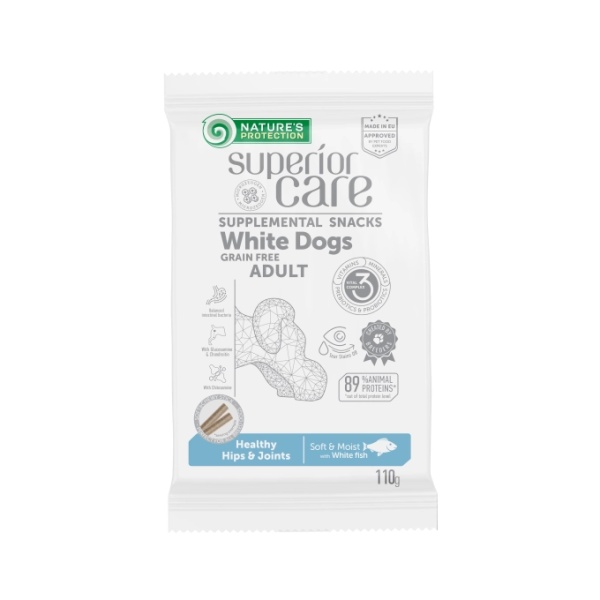 NATURE'S PROTECTION SUPERIOR CARE SUPPLEMENTAL SNACKS WHITE DOG GRAIN FREE ADULT HEALTHY HIPS & JOINTS SOFT & MOIST WITH WHITE FISH 110g