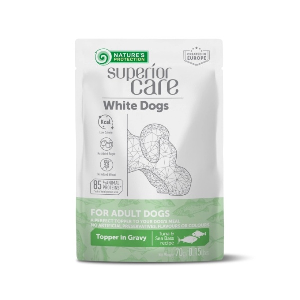 NATURE'S PROTECTION SUPERIOR CARE WHITE DOGS FOR ADULT DOGS TOPPER IN GRAVY WITH TUNA & SEA BASS RECIPE 70g